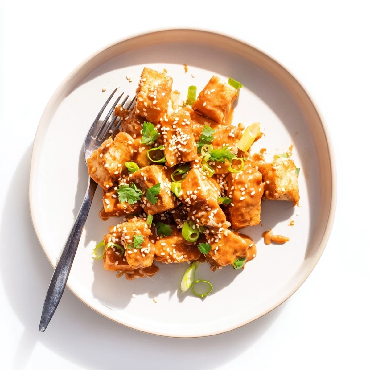 This Crispy Baked Tofu with Spicy Peanut Sauce glistens with a zesty glaze, garnished with fresh cilantro and sesame seeds.