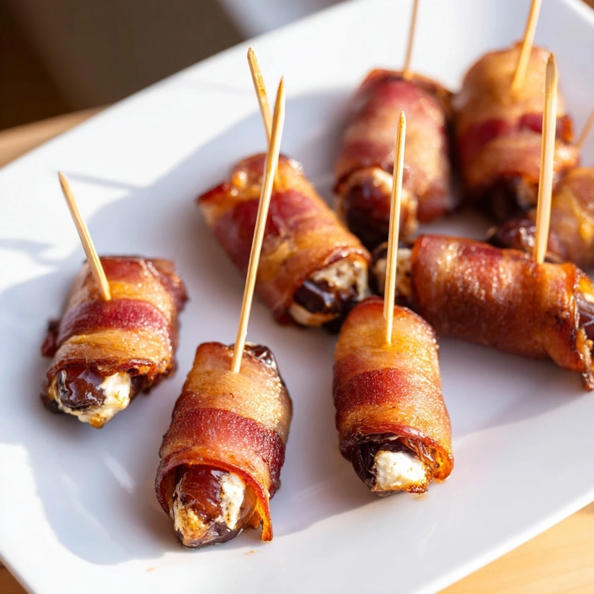 Air fryer crispy beef bacon wrapped dates stuffed with creamy cheese and golden, smoky edges.