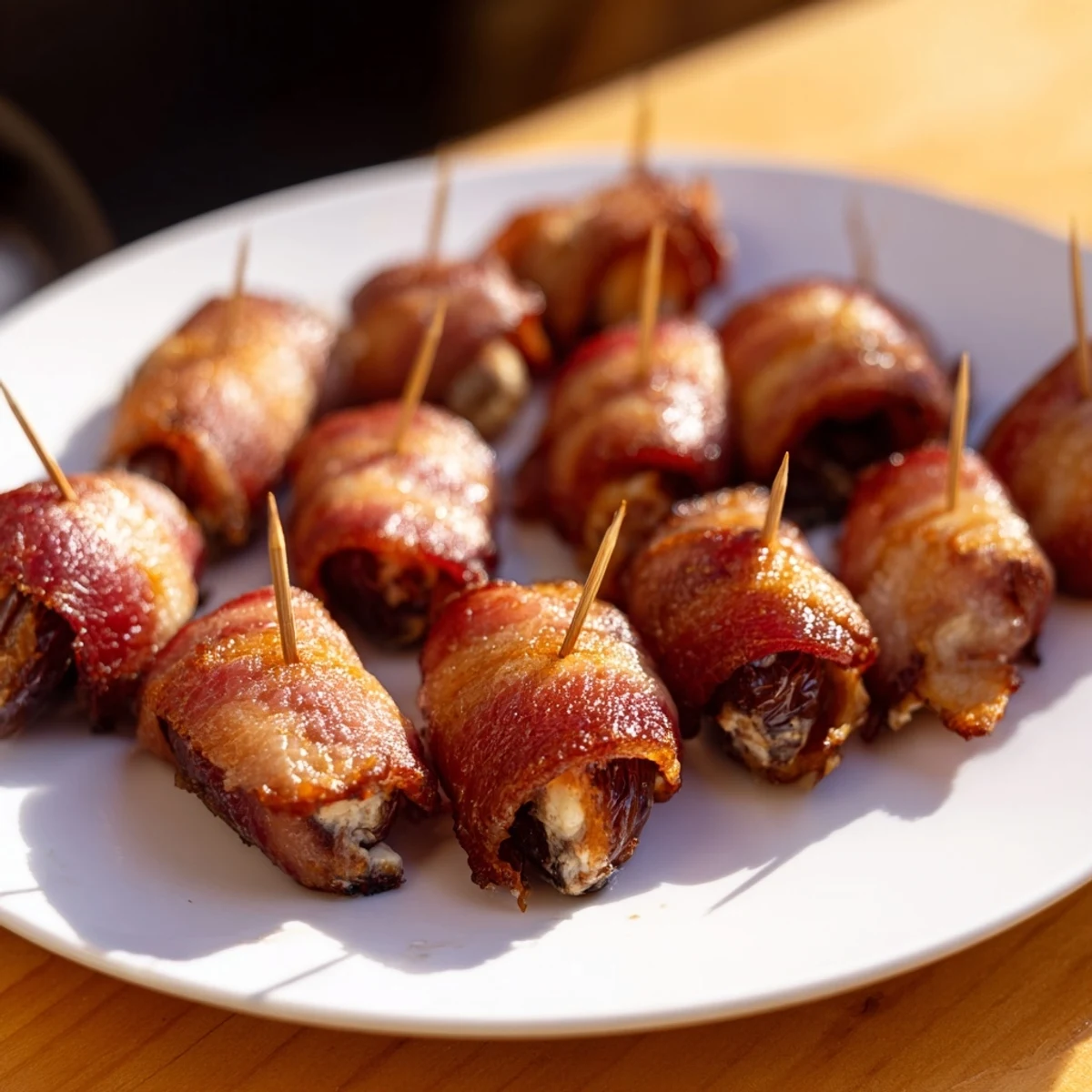 Medjool dates wrapped in beef bacon, air-fried to crisp perfection and served warm as an addictive gluten-free appetizer.