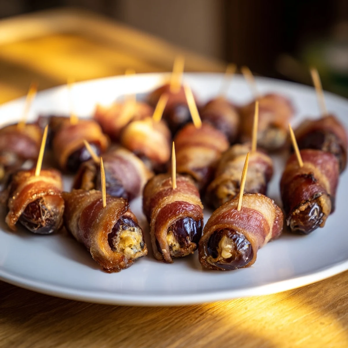 Golden-brown beef bacon wrapped dates stuffed with goat cheese, served alongside honey and fresh parsley for dipping.