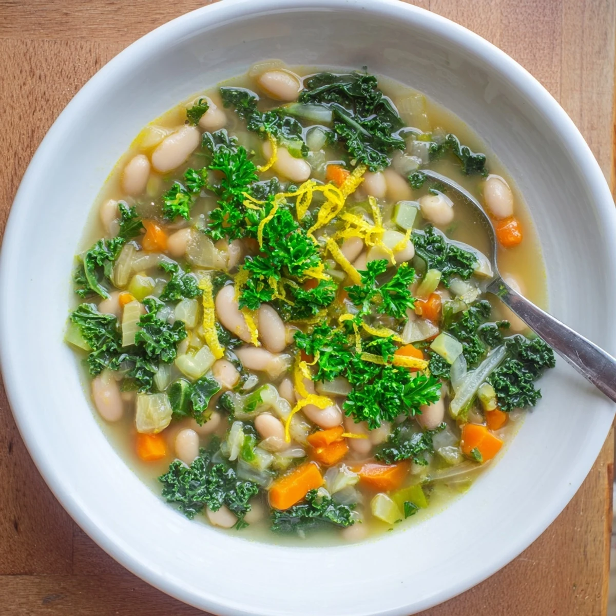 Bright White Bean and Kale Soup with Lemon Zest served in a ceramic mug, garnished with fresh parsley and lemon zest.