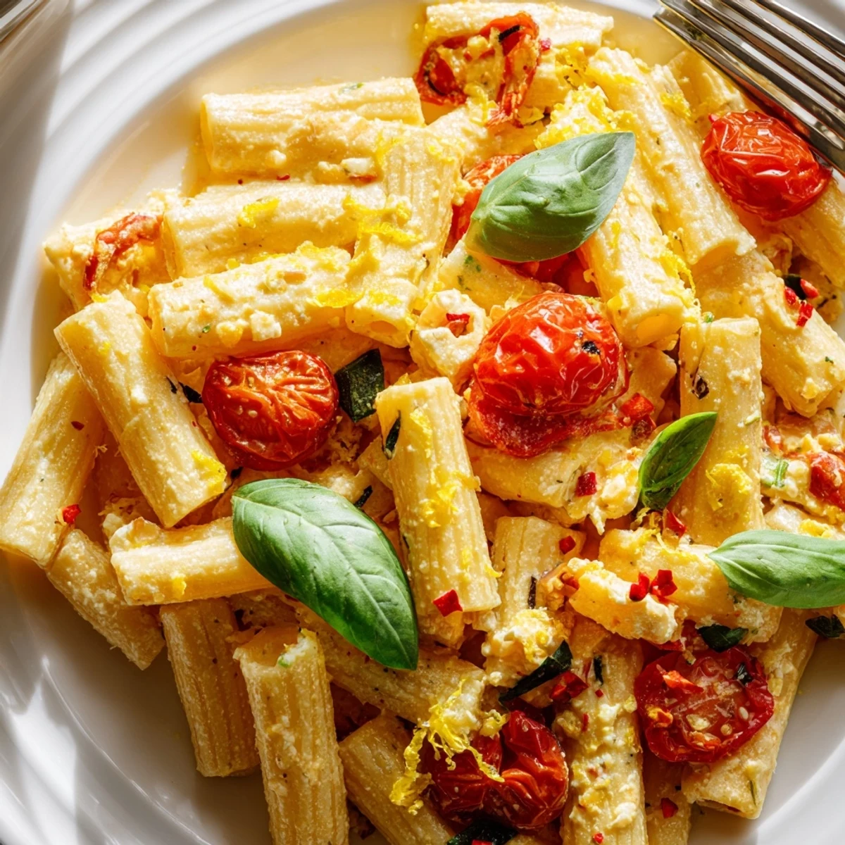 A close-up of creamy Baked Feta Pasta with Cherry Tomatoes and Basil, with roasted feta melted into vibrant red juices and glossy pasta.
