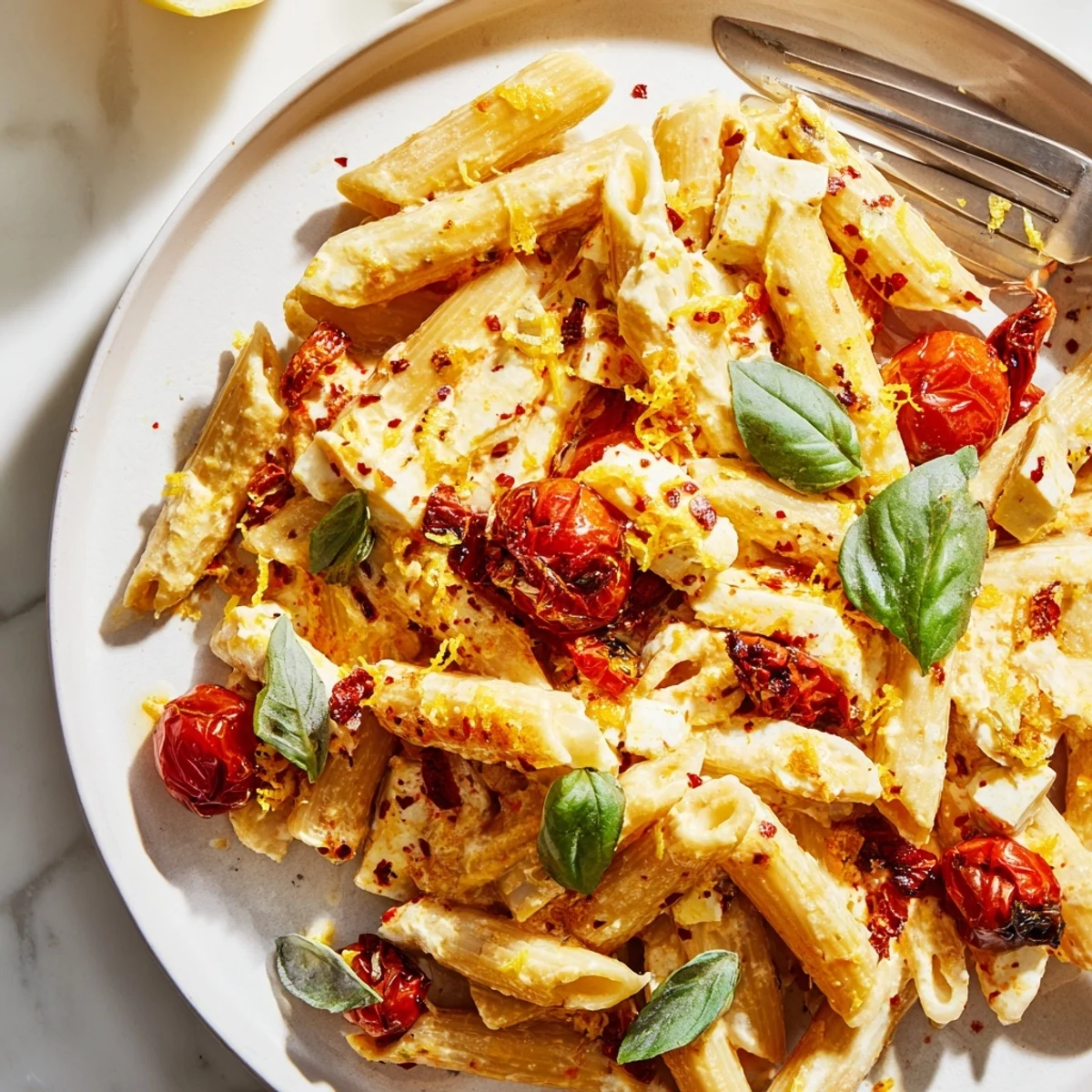 Steam rises from a white baking dish filled with Baked Feta Pasta with Cherry Tomatoes and Basil, garnished with fresh basil and cracked pepper.