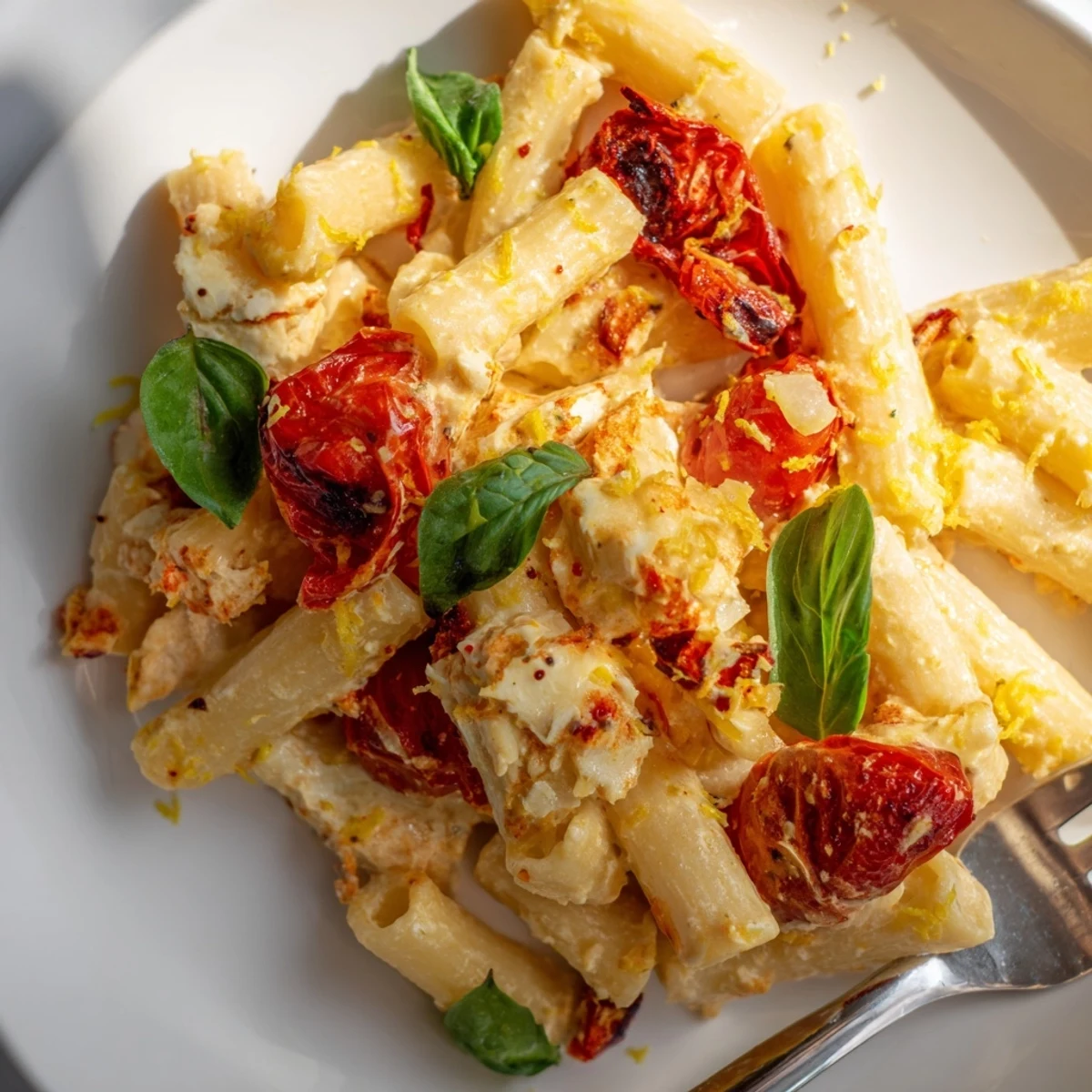 Golden feta melts into blistered cherry tomatoes in Baked Feta Pasta with Basil, showcasing a glossy sauce coating penne noodles in a ceramic dish.