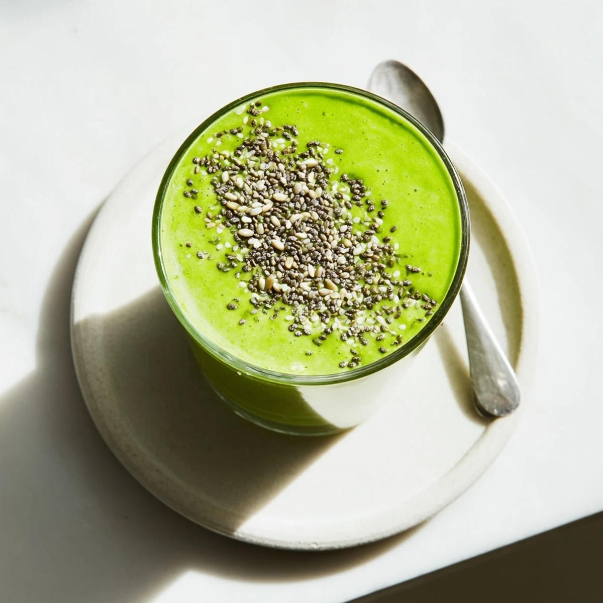 A vibrant green Detox Green Smoothie with Spinach and Ginger, poured into a clear glass and garnished with fresh spinach leaves for a refreshing, nutrient-packed drink.