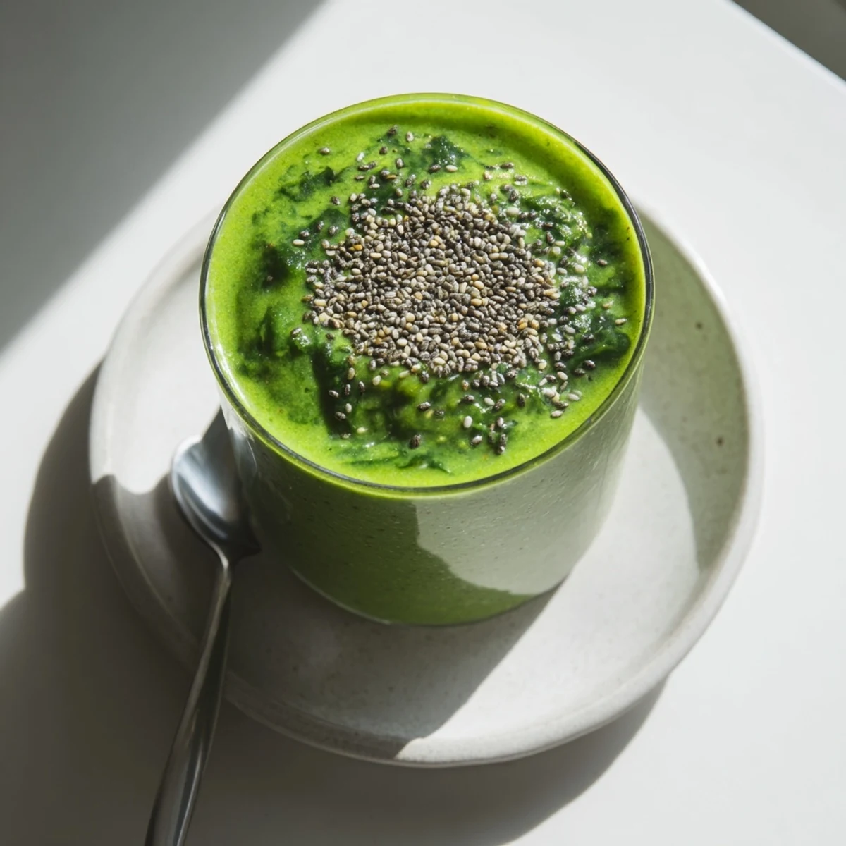 Blended until silky, the Detox Green Smoothie with Spinach and Ginger showcases chunks of pineapple and banana, perfect for a quick, energizing morning boost.