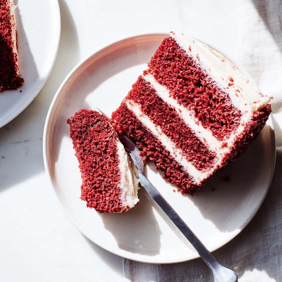 Classic Red Velvet Cake with Cream Cheese Frosting, sliced to reveal tender crumb, served with fresh berries on a marble counter.