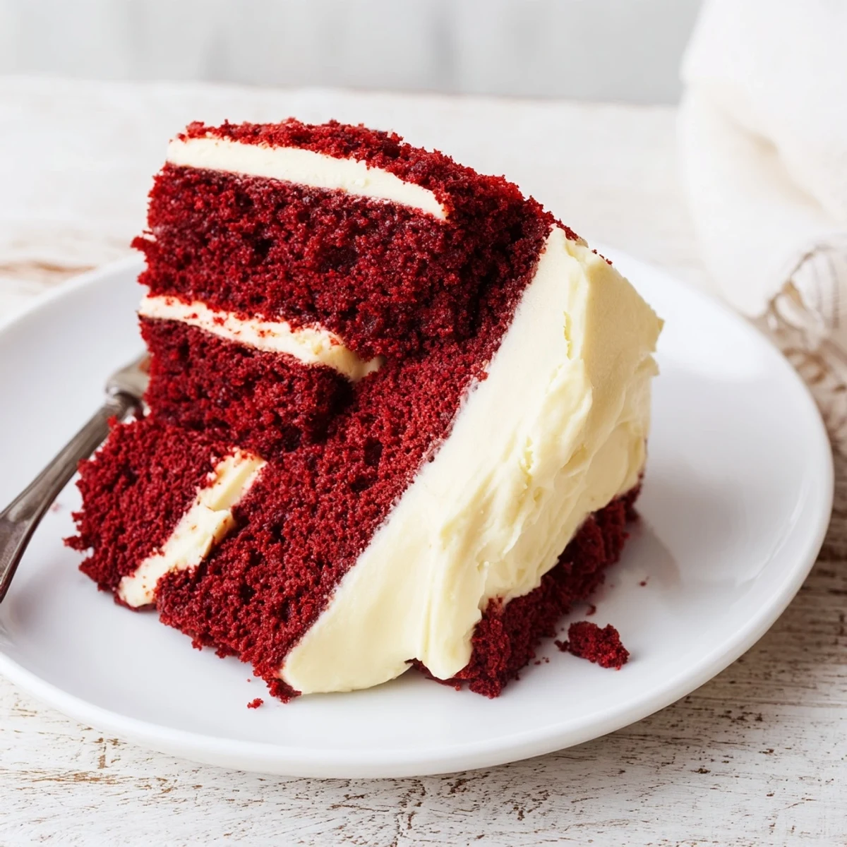 Moist layers of Red Velvet Cake with Cream Cheese Frosting, topped with crumbs on a white plate, perfect for celebrations.