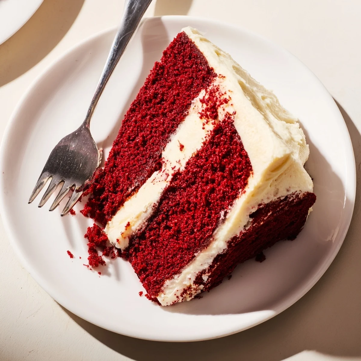 Red Velvet Cake with Cream Cheese Frosting, a tall layered dessert with rich frosting swirls, ideal for birthday parties or holidays.