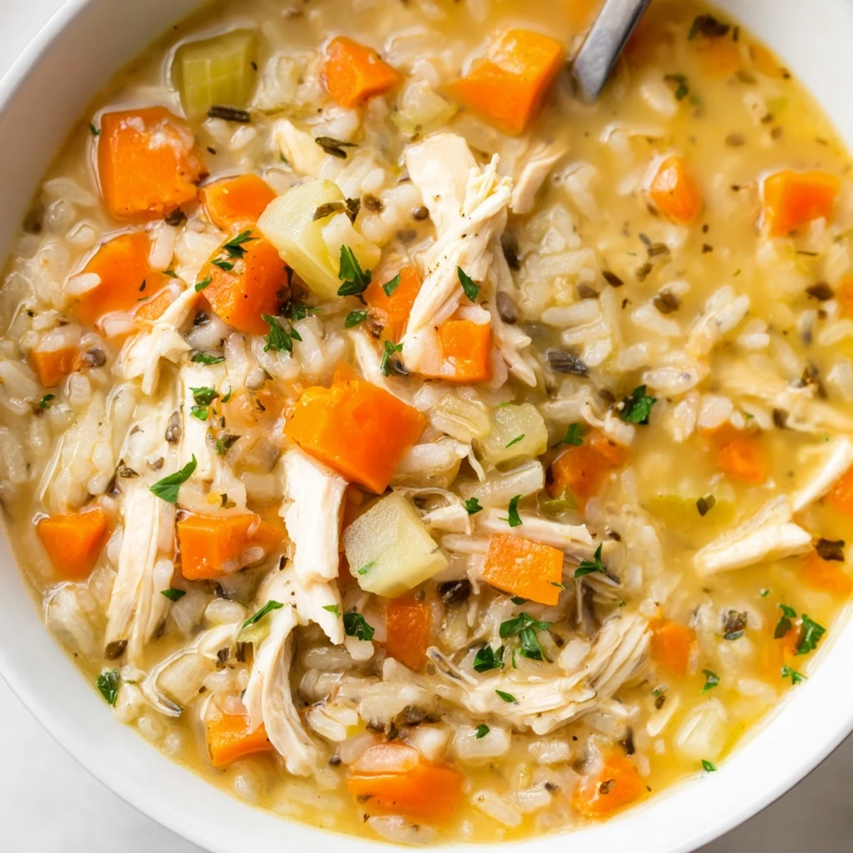 Steaming bowls of Instant Pot Chicken and Wild Rice Soup, garnished with fresh parsley.