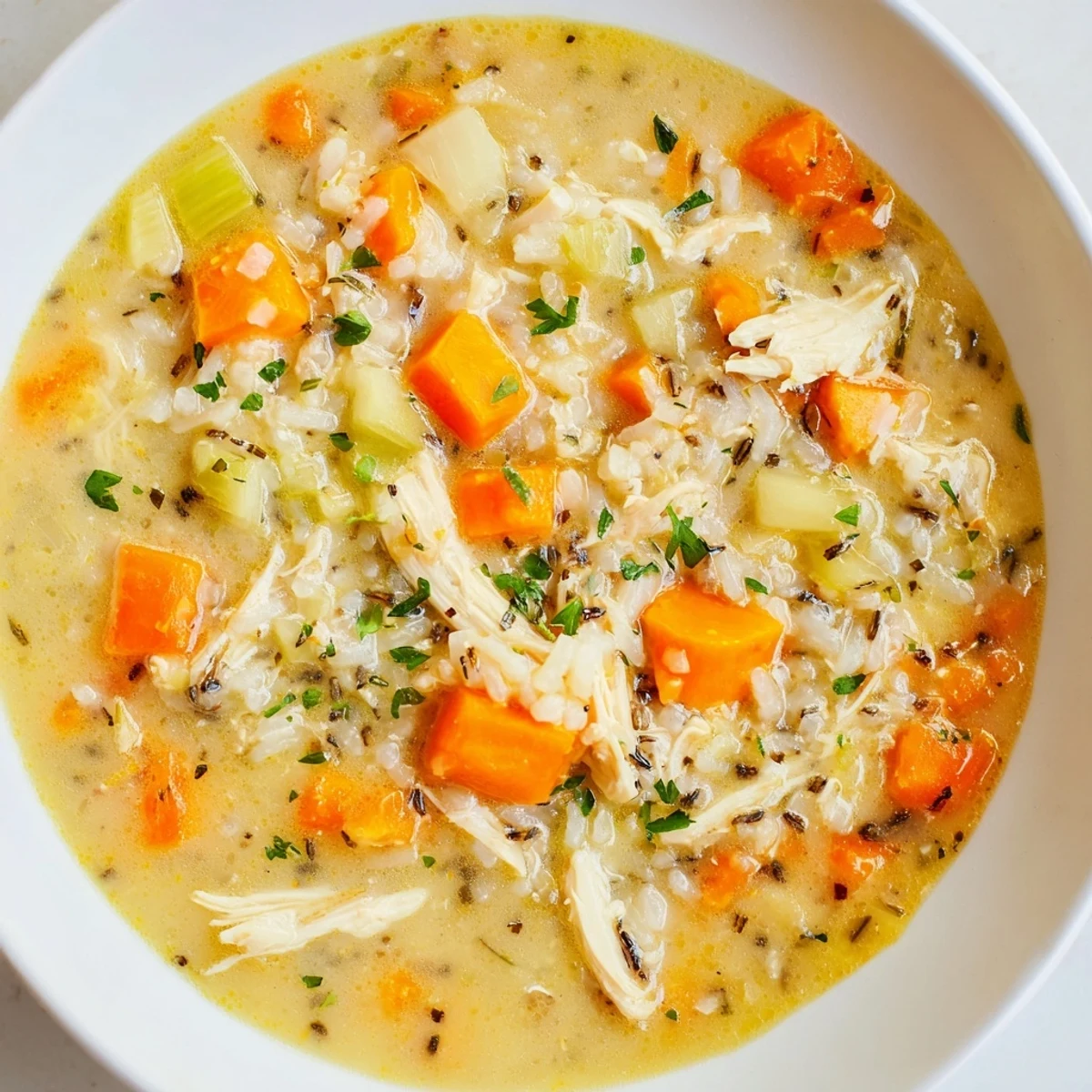 A rustic wooden table holds a ladle of hearty Instant Pot Chicken and Wild Rice Soup.