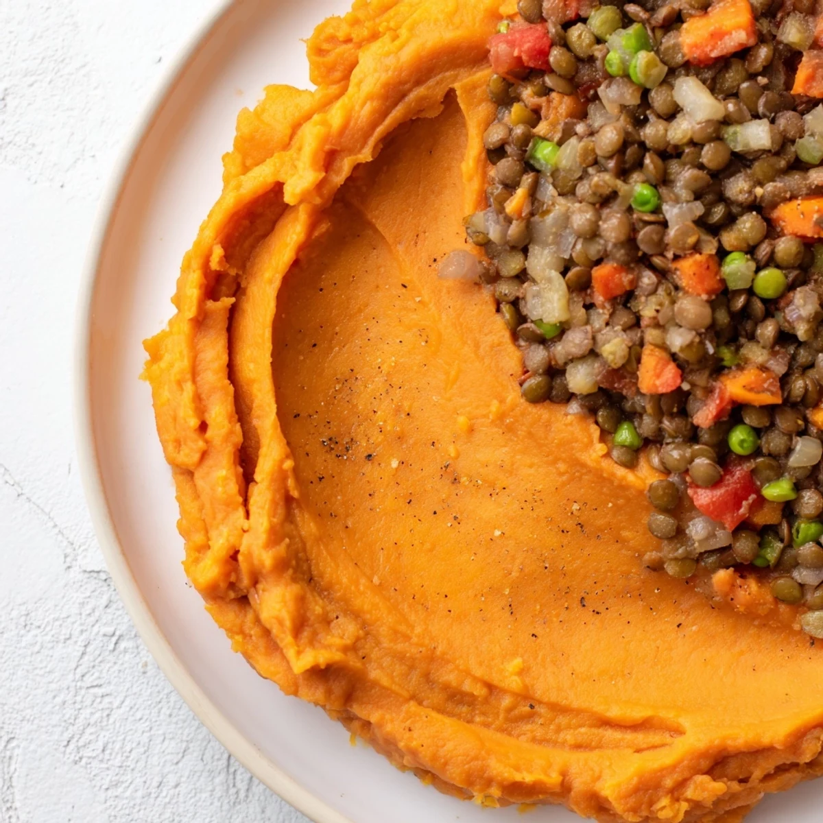 Golden brown mashed sweet potatoes cover a savory lentil and vegetable filling in this Vegan Lentil and Sweet Potato Shepherds Pie, served bubbling hot.