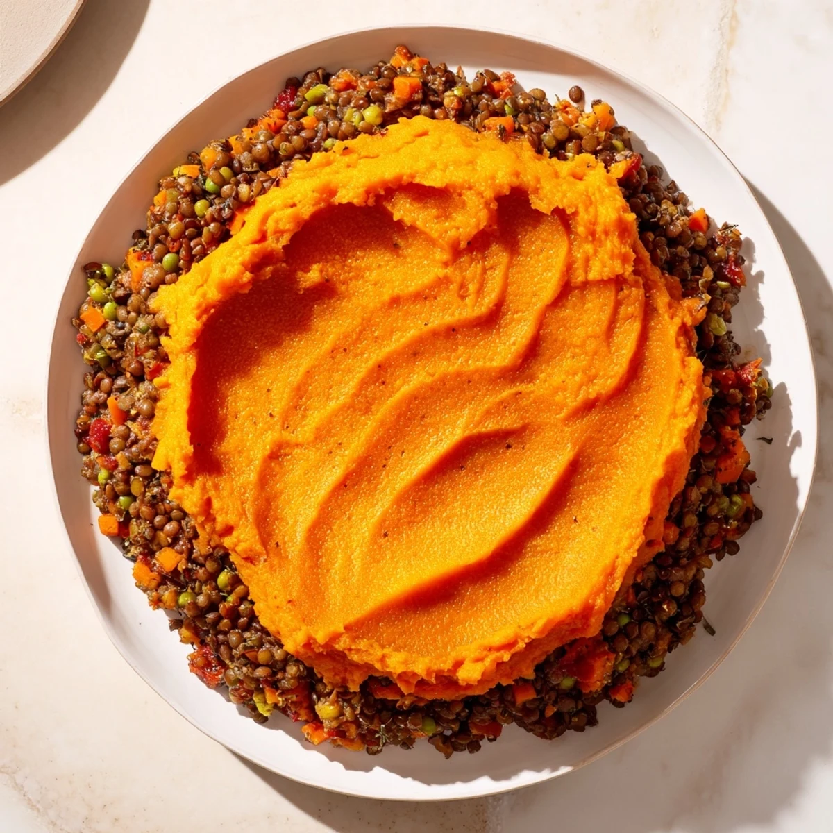 A close-up of Vegan Lentil and Sweet Potato Shepherds Pie shows a rustic casserole dish with steam rising from the golden, creamy topping.