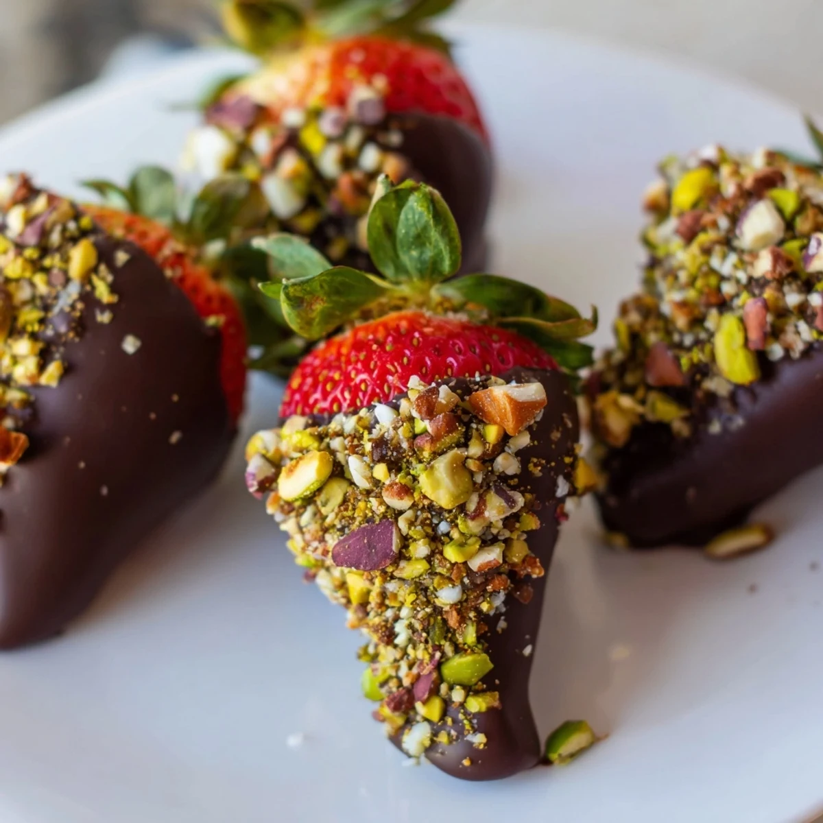 Fresh Valentine chocolate dipped strawberries with nuts are arranged on a white plate, ready to serve as a romantic dessert.
