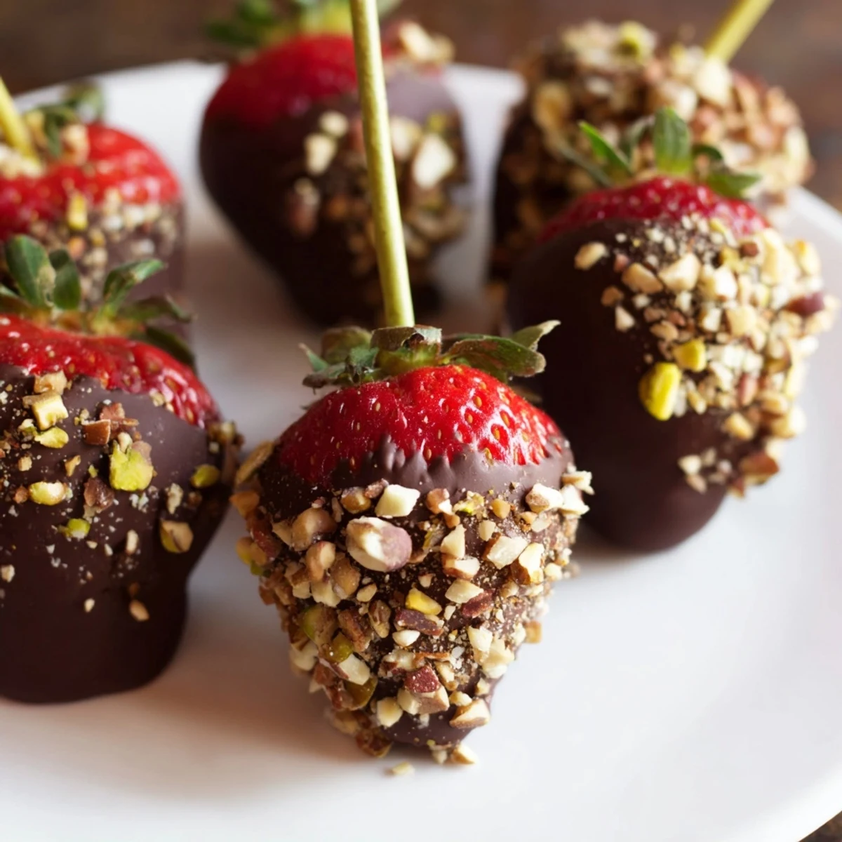 A close-up shows glossy dark chocolate coating juicy berries topped with crunchy chopped nuts, ideal for a Valentine's Day party.