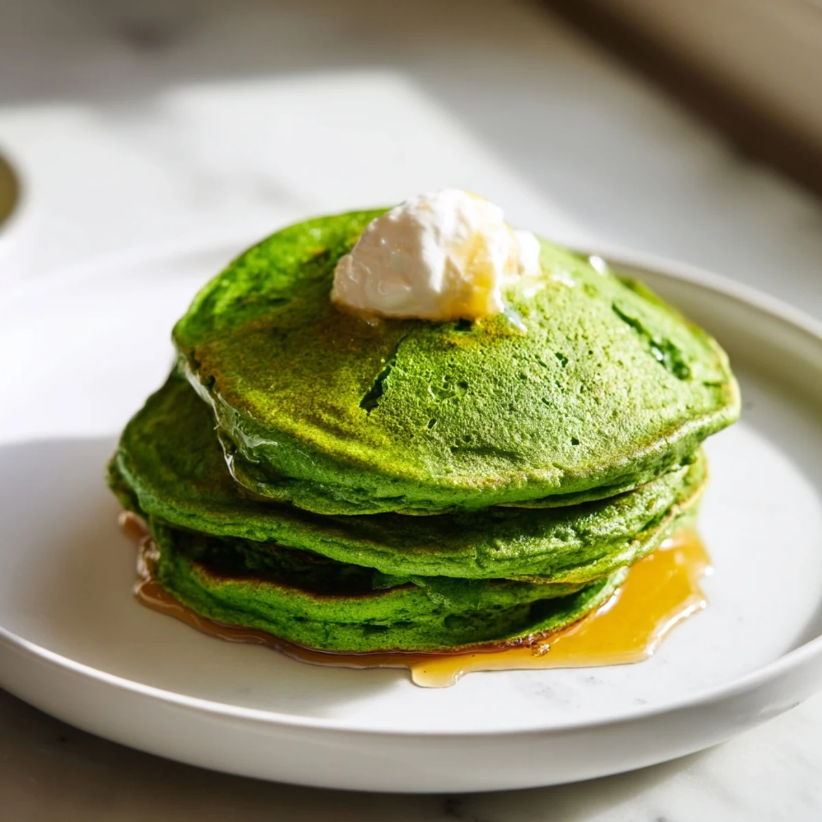 Healthy green spinach pancakes served warm with butter and syrup for a festive breakfast.