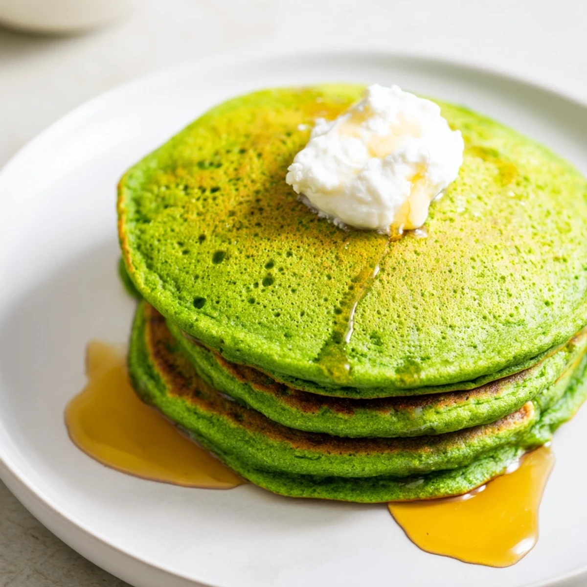 Stack of fluffy St. Patrick's Day Green Spinach Pancakes topped with fresh berries and maple syrup.