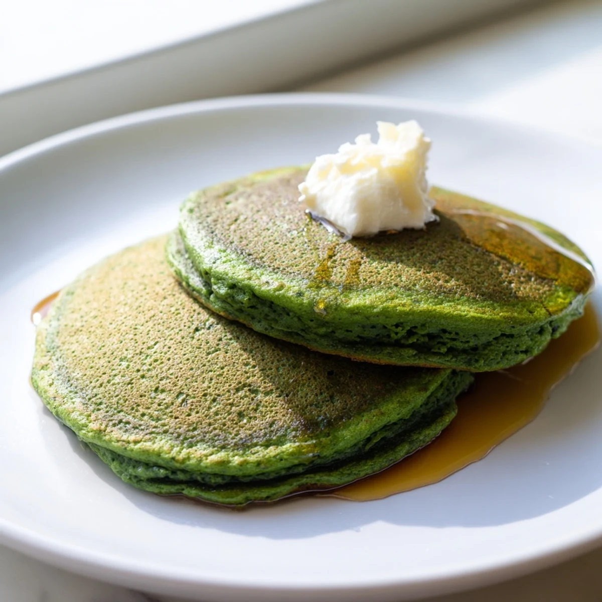 Golden-edged St. Patricks Day Green Spinach Pancakes on a plate, ready to enjoy.