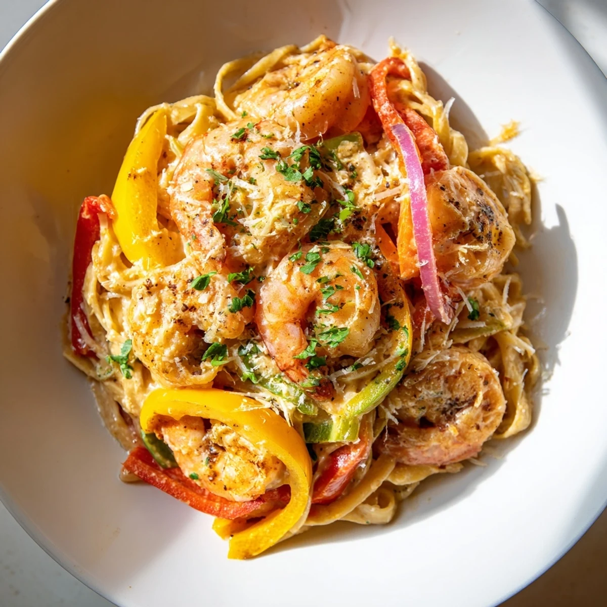 A close-up of Mardi Gras Cajun Shrimp Pasta with colorful peppers and garnished with fresh parsley and lemon wedges.
