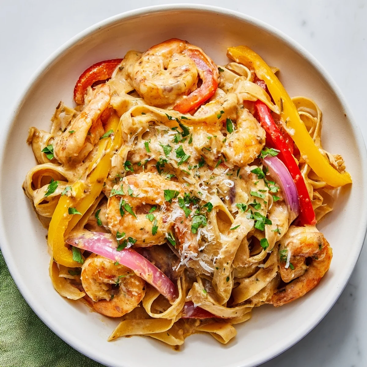 Mardi Gras Cajun Shrimp Pasta features fettuccine tossed with tender shrimp and vibrant bell peppers in a creamy, spicy sauce.