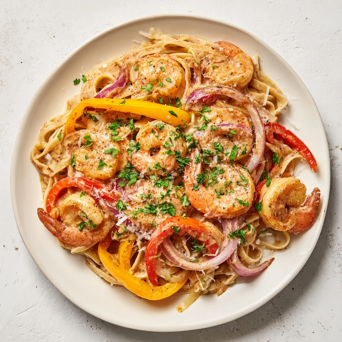 Mardi Gras Cajun Shrimp Pasta served on a dinner plate, steaming with rich cream sauce and plump sautéed shrimp.