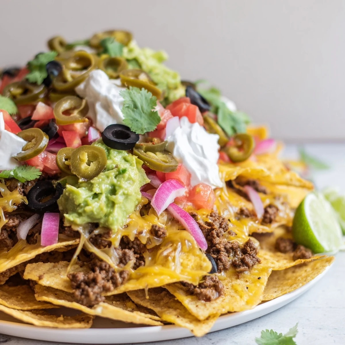 Super Bowl Loaded Nacho Bar with Beef piled high with seasoned beef and melty cheddar on crunchy chips.