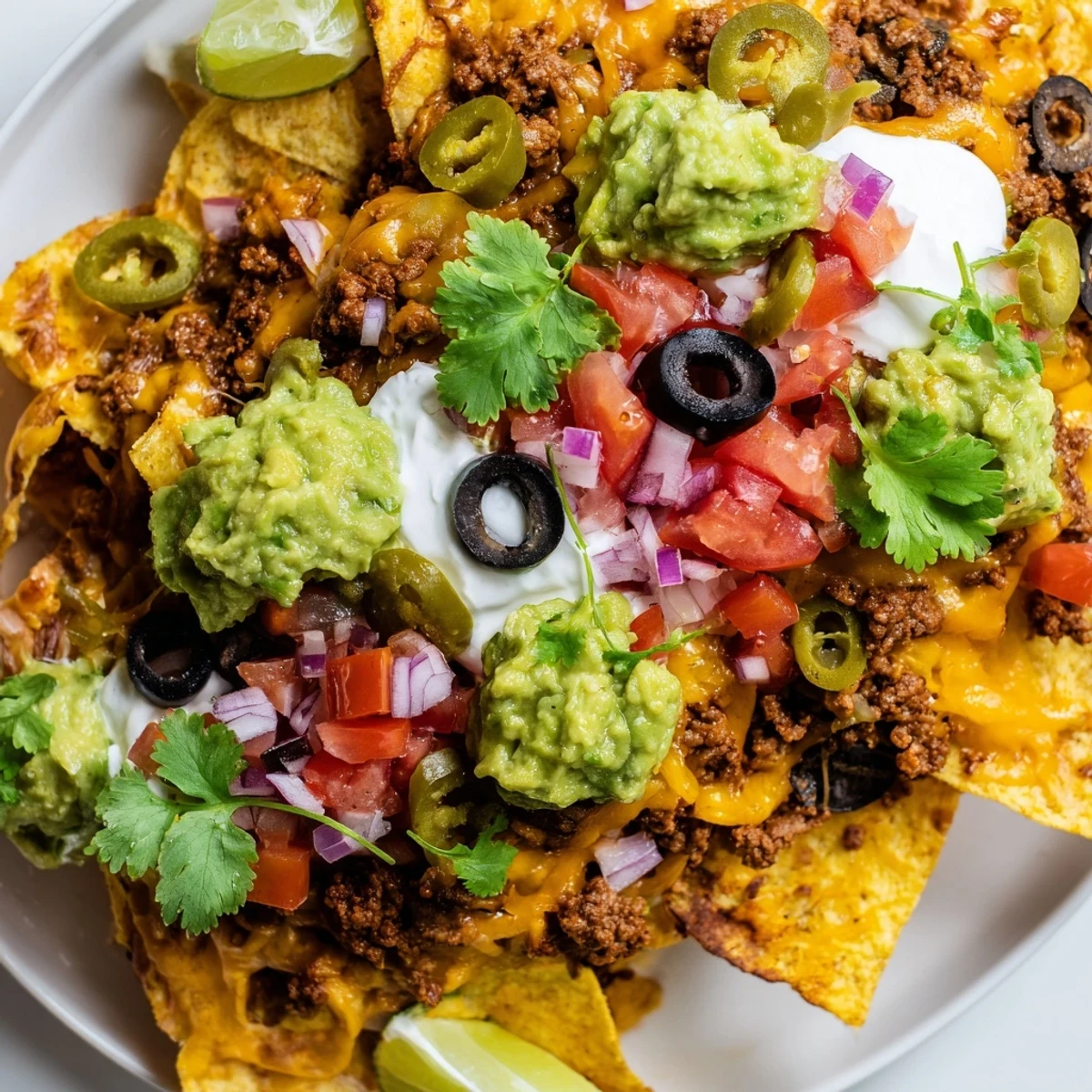 Loaded nachos topped with black beans, olives, and jalapeños ready for a festive game day snack.