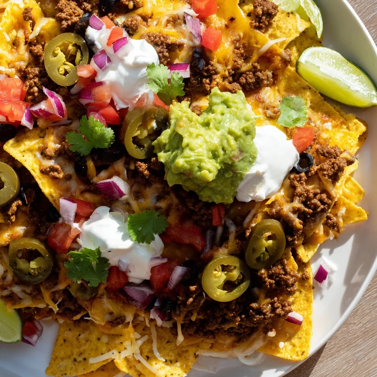 Melted cheese drape over tortilla chips with beef, salsa, and guacamole for a crowd-pleasing party platter.