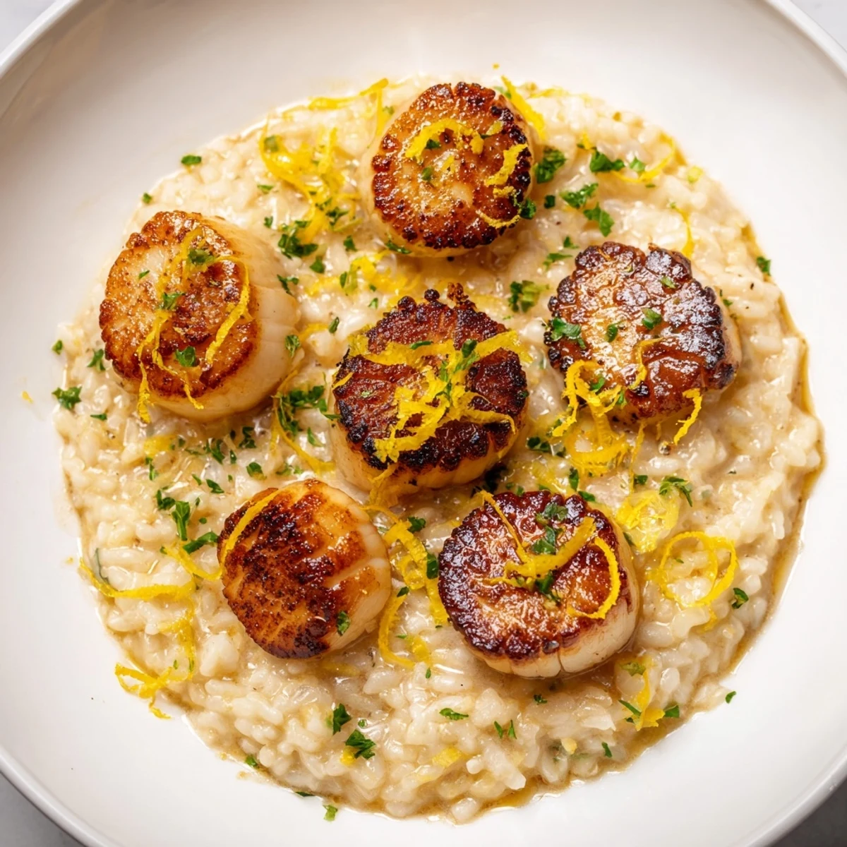 Golden-seared scallops resting on creamy lemon risotto garnished with fresh parsley.