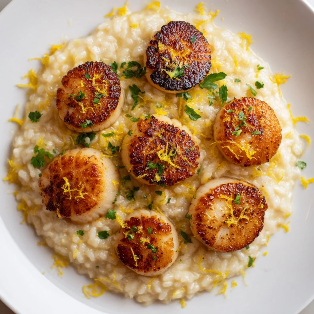 Elegant plate of Romantic Seared Scallops with Lemon Risotto, perfect for date night.