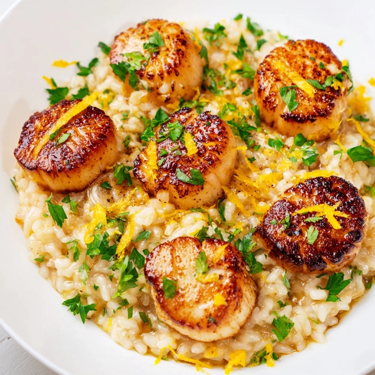 Pan-seared scallops topped on citrusy risotto with lemon zest, ready to serve.