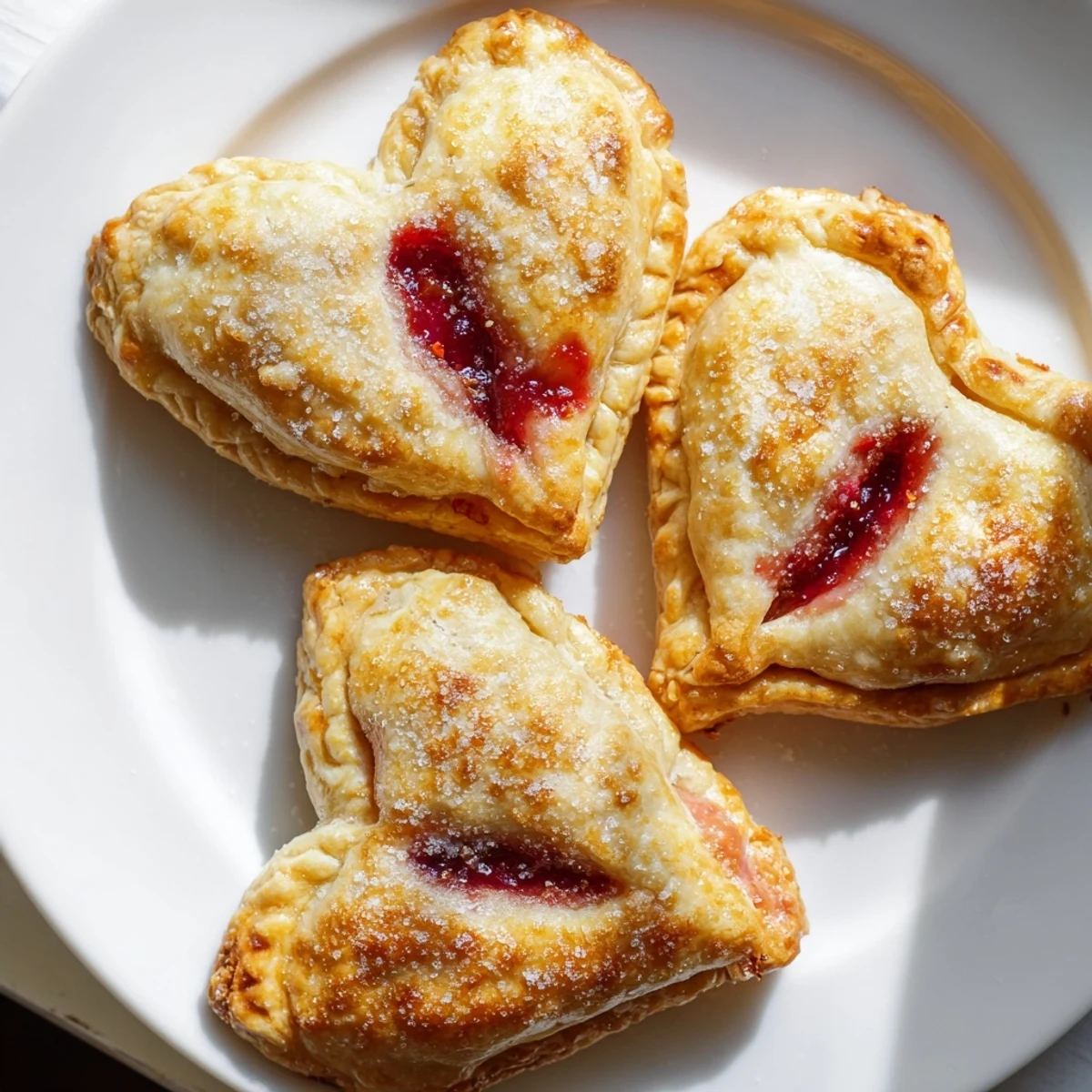 Freshly baked heart shaped raspberry jam hand pies with golden, flaky crusts and ruby red filling on a cooling rack.  