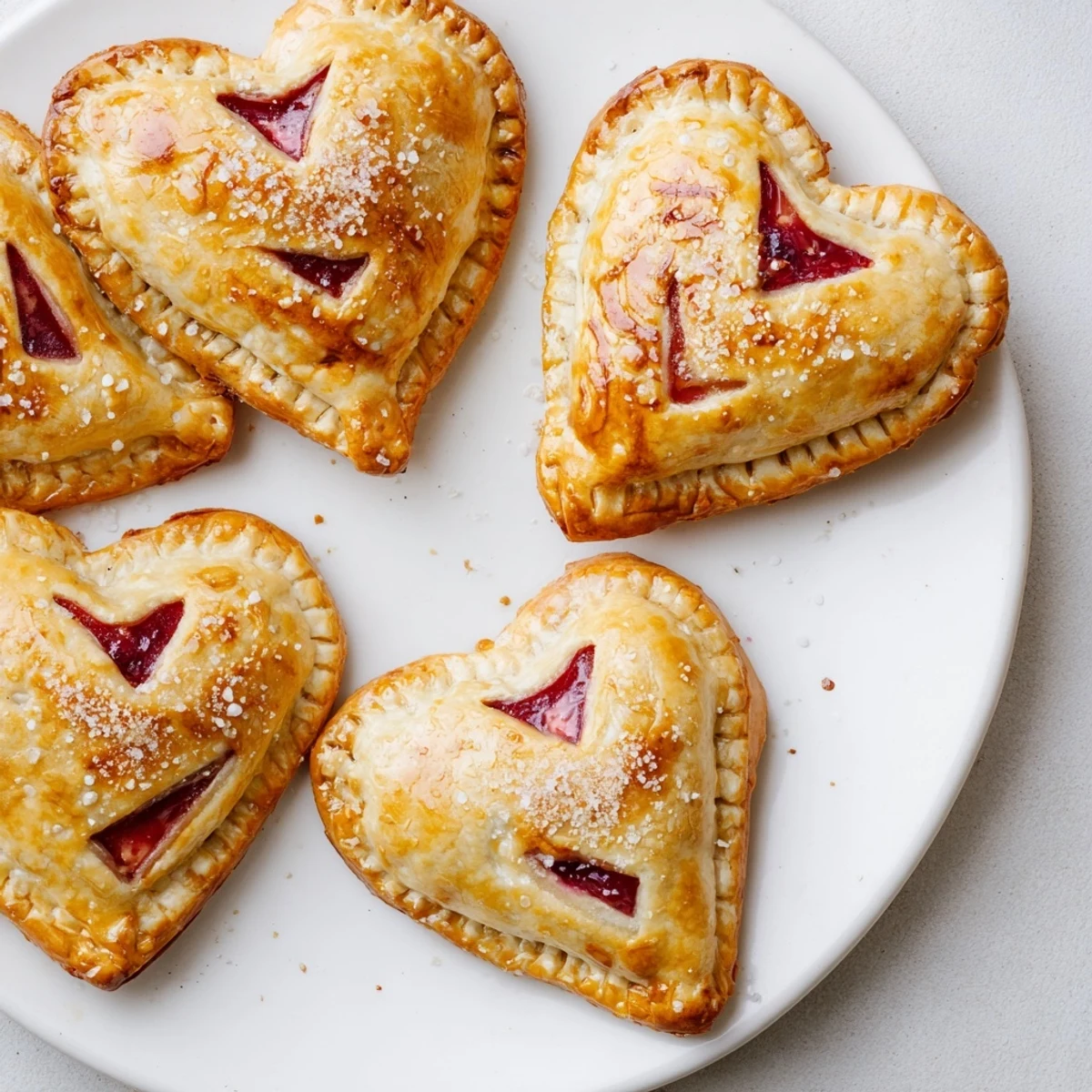 Golden brown heart shaped raspberry jam hand pies dusted with sugar, ready to serve for a sweet Valentine’s Day treat.  