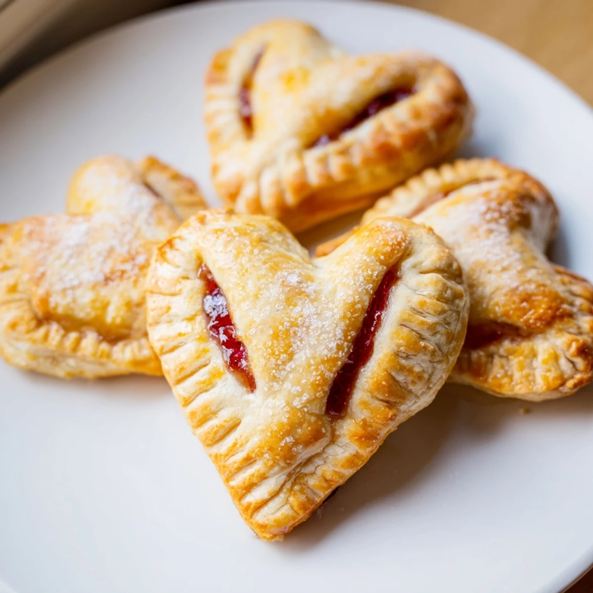 A plate of warm heart shaped raspberry jam hand pies with bubbling filling, perfect with a scoop of vanilla ice cream.