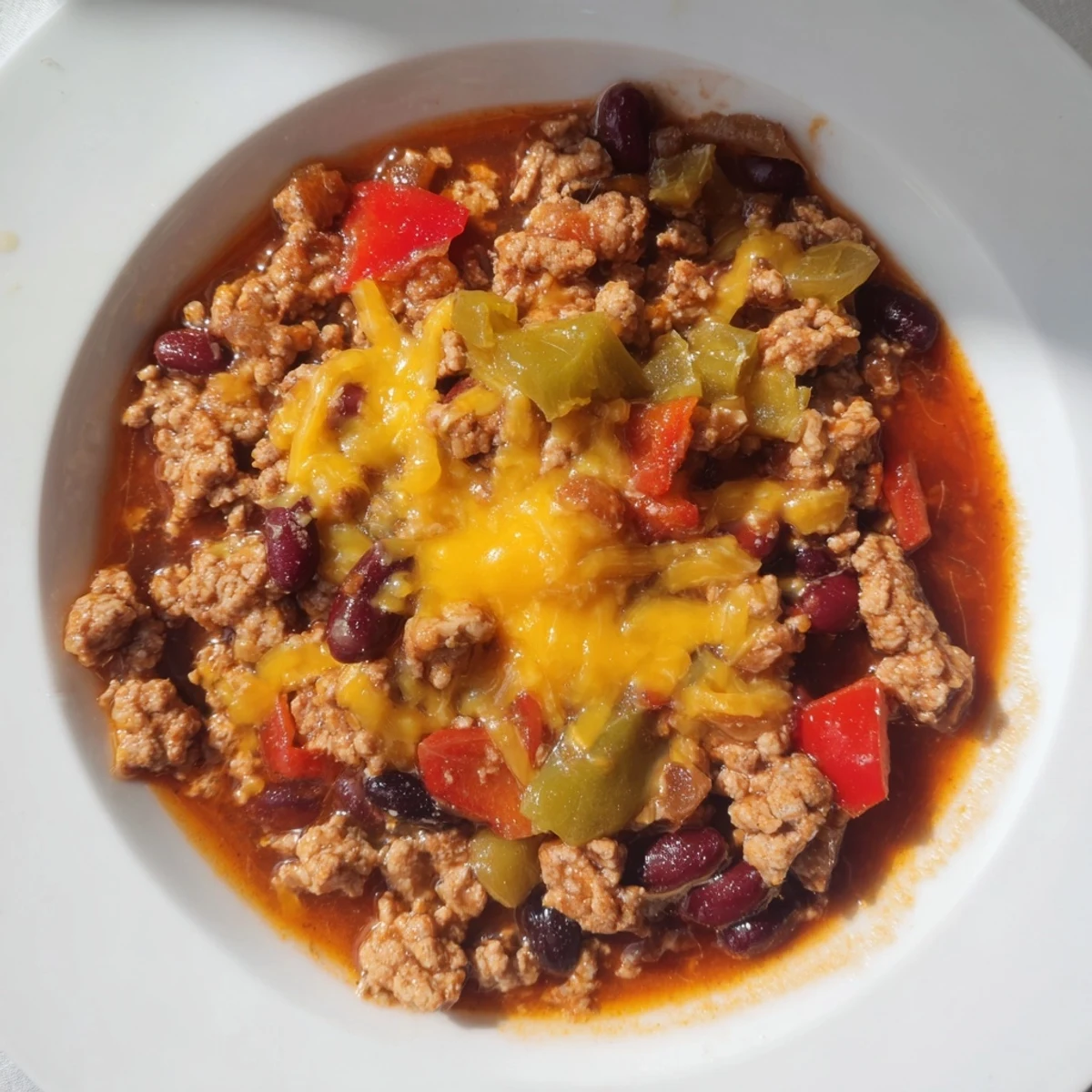 Hearty Touchdown Turkey Chili simmering in a pot, featuring ground turkey, red and green bell peppers, and savory spices.