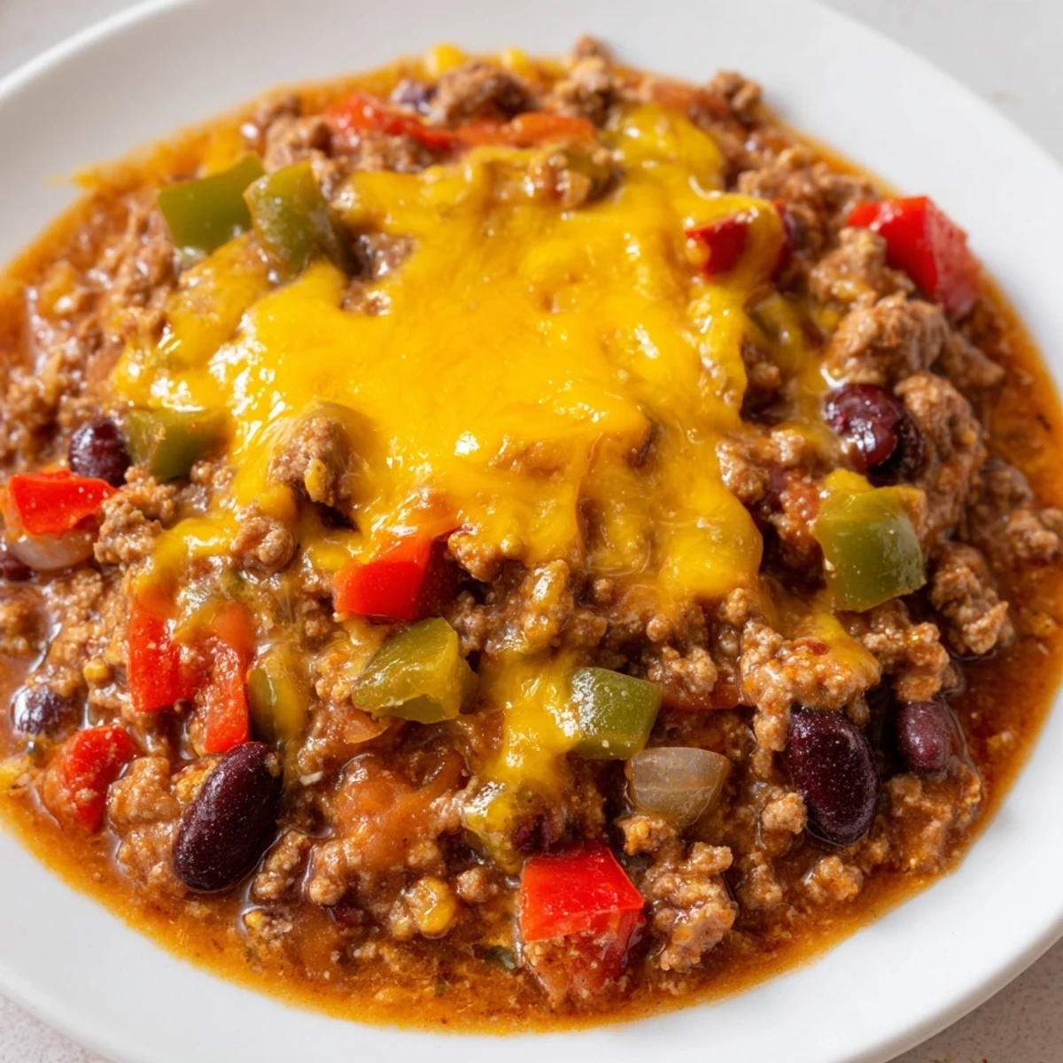 Spoon lifting a serving of Touchdown Turkey Chili, revealing tender beans and ground turkey in a rich, smoky tomato base.