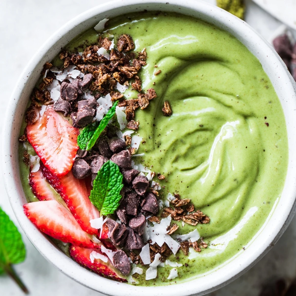 Creamy mint and chocolate smoothie bowl topped with fresh strawberries, crunchy granola, and coconut flakes.