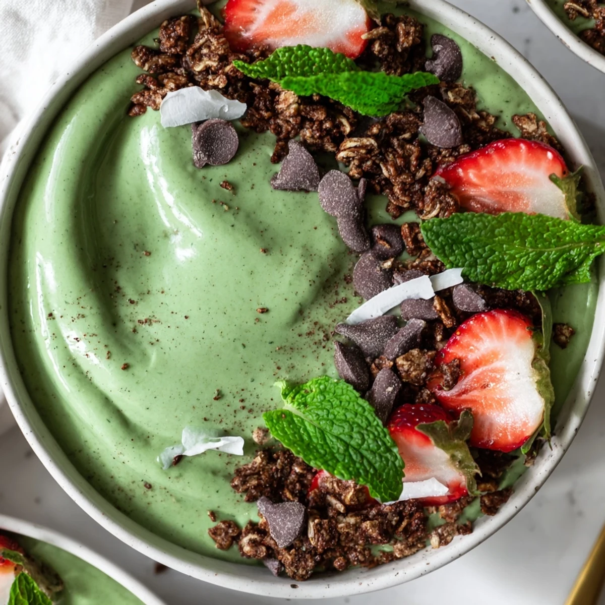 Vibrant green smoothie bowl with bananas, spinach, and mint, garnished with dark chocolate chips and a mint leaf.