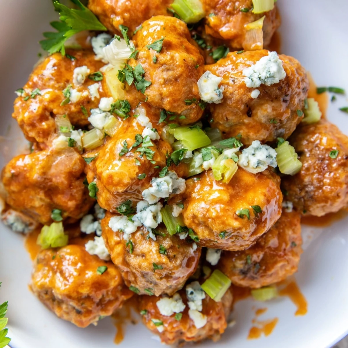 Golden-brown Game Day Spicy Buffalo Chicken Meatballs glistening with zesty orange sauce, piled high on a serving platter.  