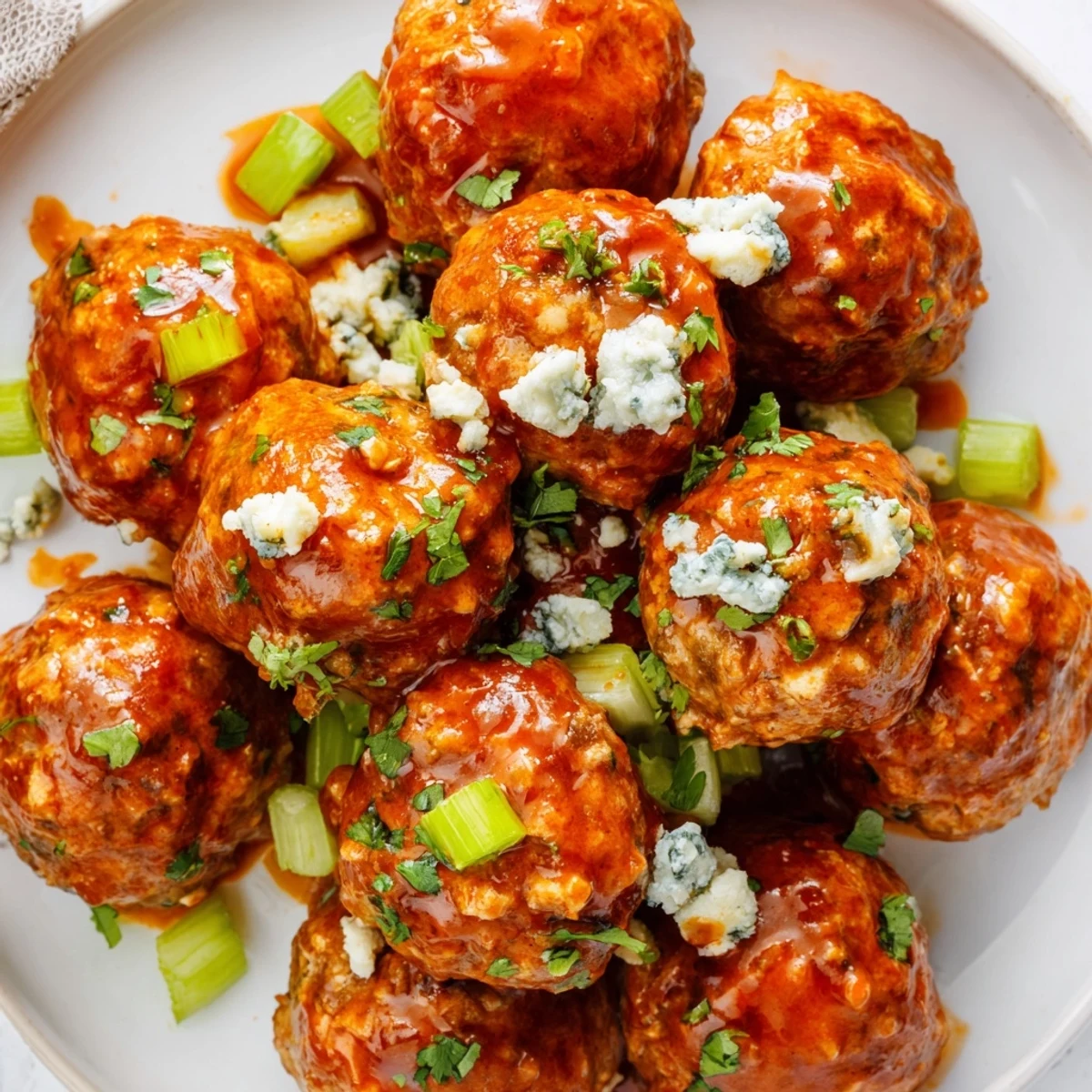 Platter of Game Day Spicy Buffalo Chicken Meatballs with fresh parsley and celery sticks for dipping on a rustic wooden table.  