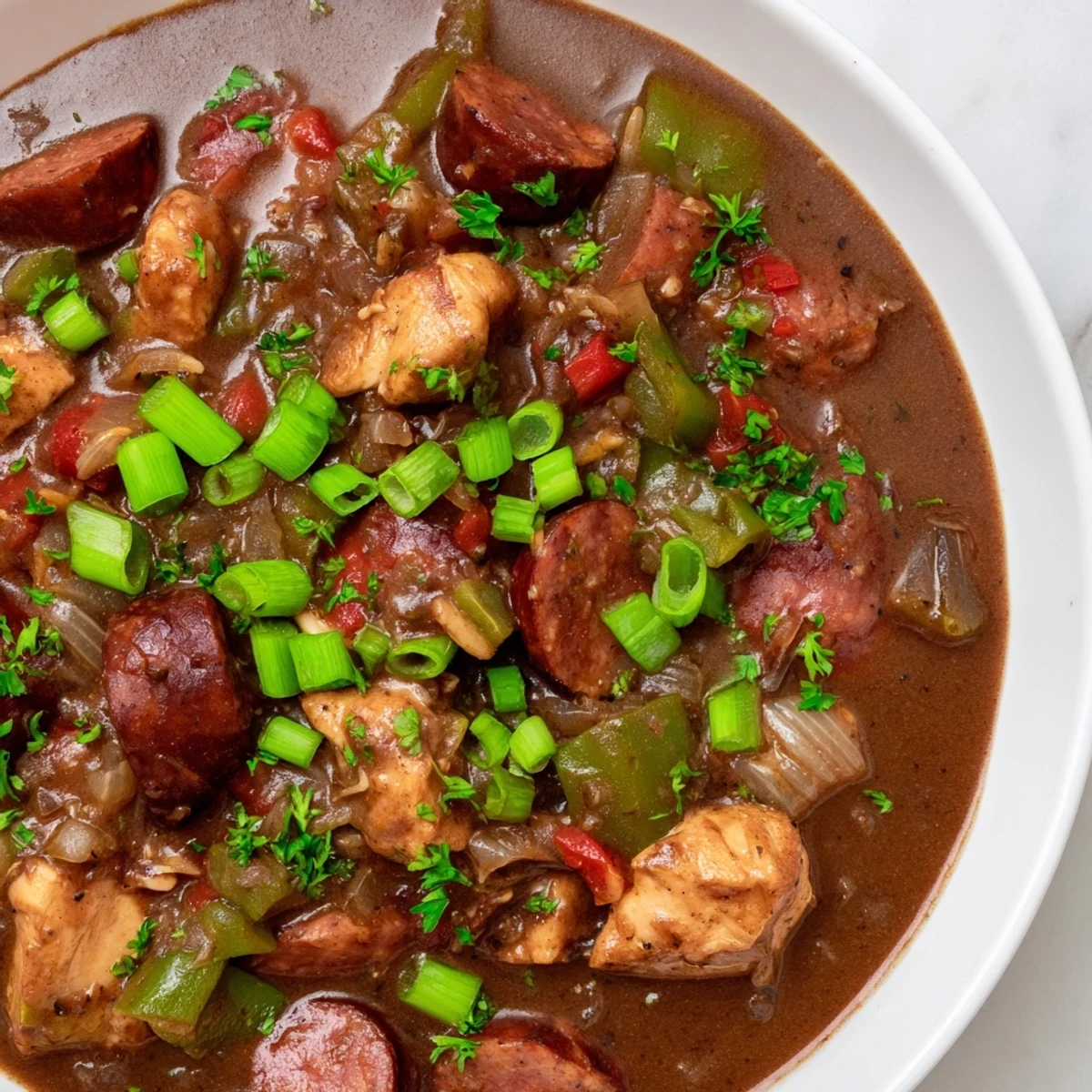 Steaming New Orleans Style Chicken Gumbo in a Dutch oven, ladle ready to serve over fluffy white rice.