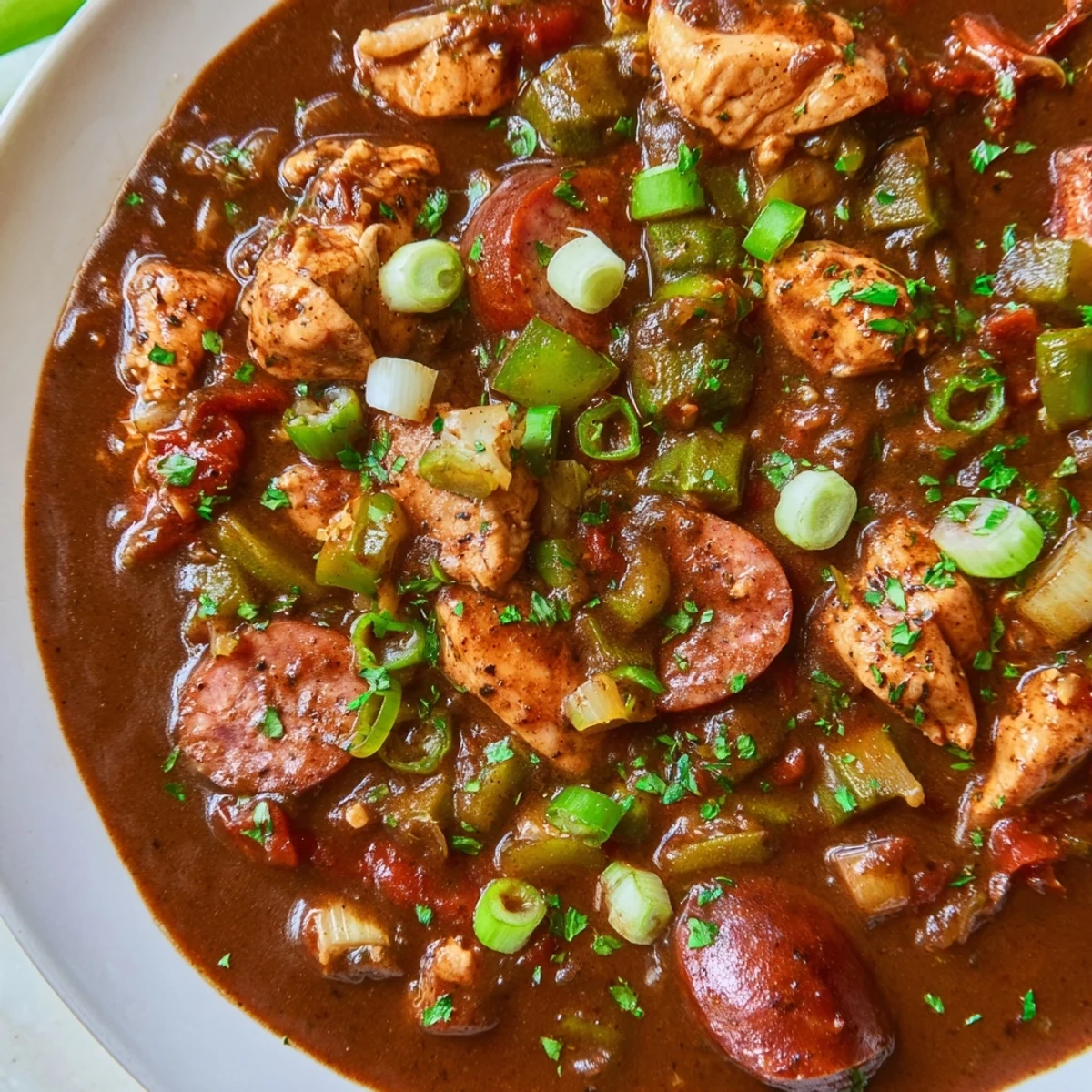 Hearty New Orleans Style Chicken Gumbo with tender chicken, smoky sausage, and okra in a rich, dark roux.