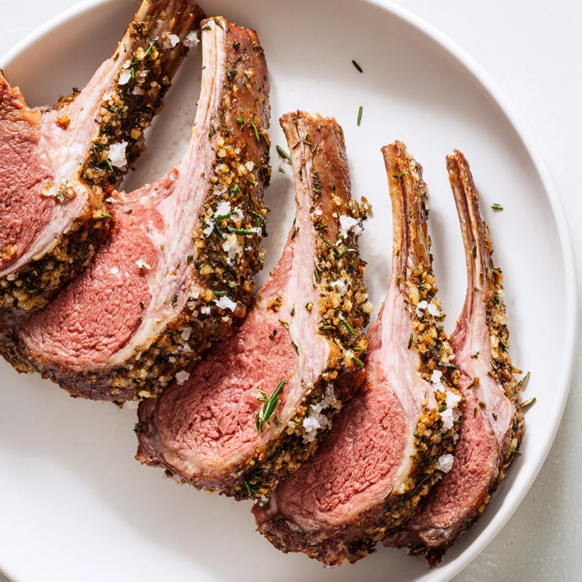 A sliced rack of Garlic Herb Roasted Rack of Lamb reveals juicy, pink interior with fresh rosemary and thyme garnish on a platter.