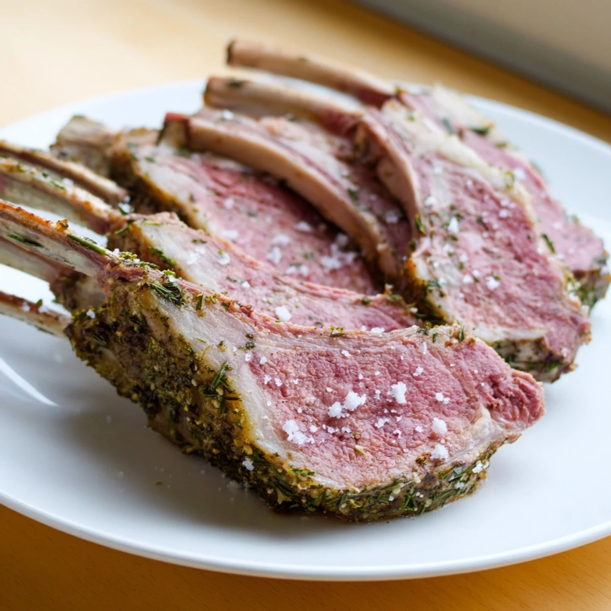 Perfectly cooked Garlic Herb Roasted Rack of Lamb served with red wine and flaky sea salt, ideal for an elegant special occasion meal.