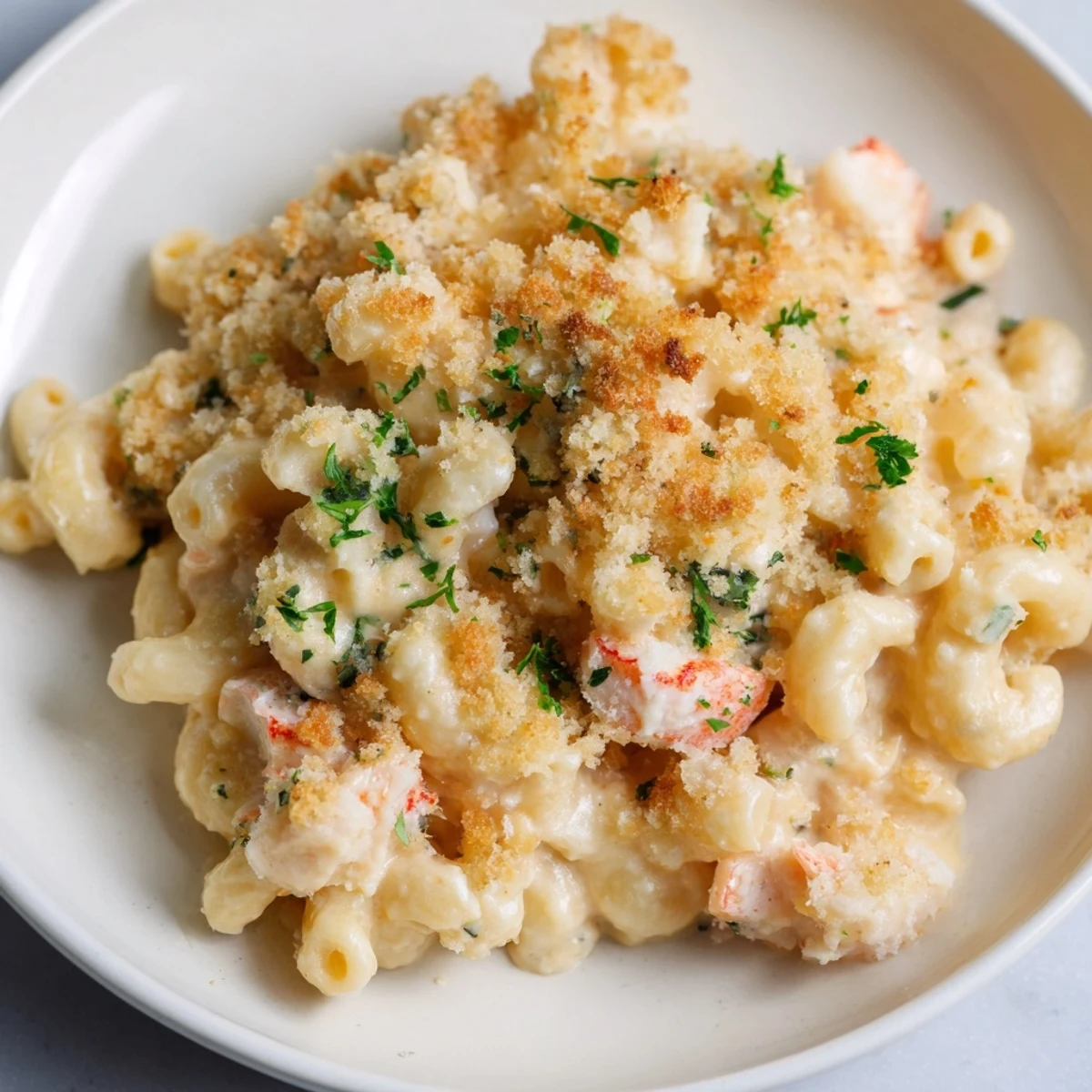 Creamy Lobster Macaroni and Cheese topped with toasted breadcrumbs and fresh parsley garnish.