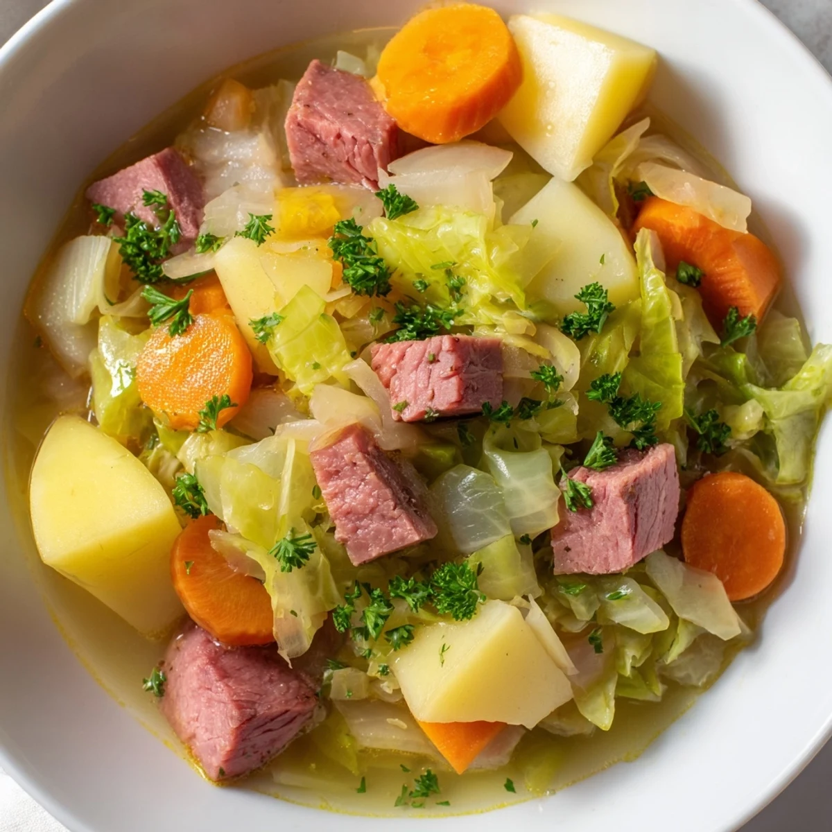 Steaming bowl of Corned Beef and Cabbage Soup filled with tender potatoes and carrots.