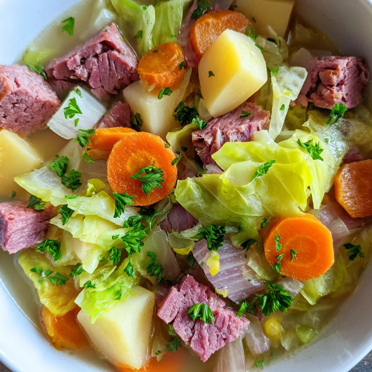 Corned Beef and Cabbage Soup ladled into a rustic bowl, garnished with fresh parsley.