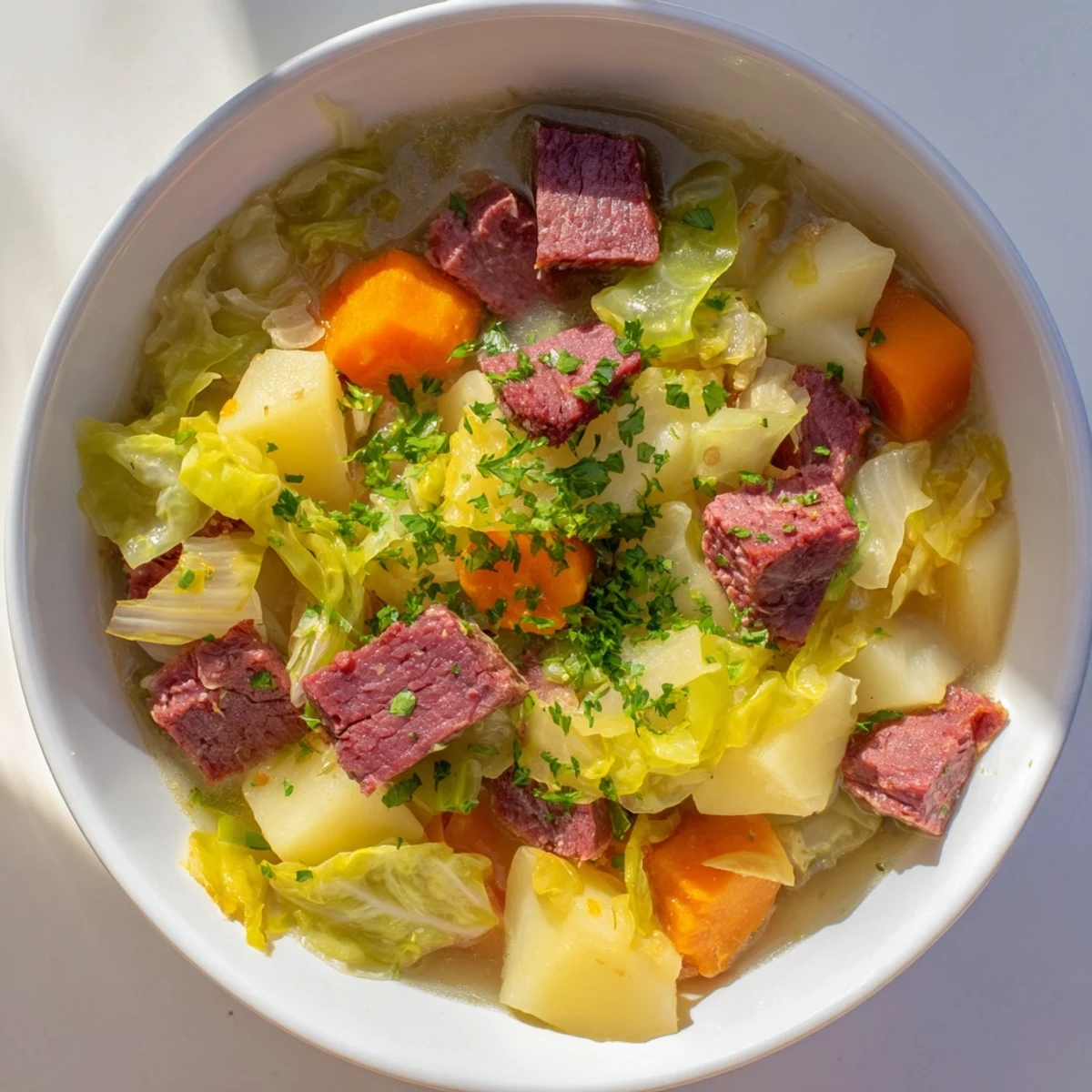 Hearty Corned Beef and Cabbage Soup in a Dutch oven, ready for a cozy meal.