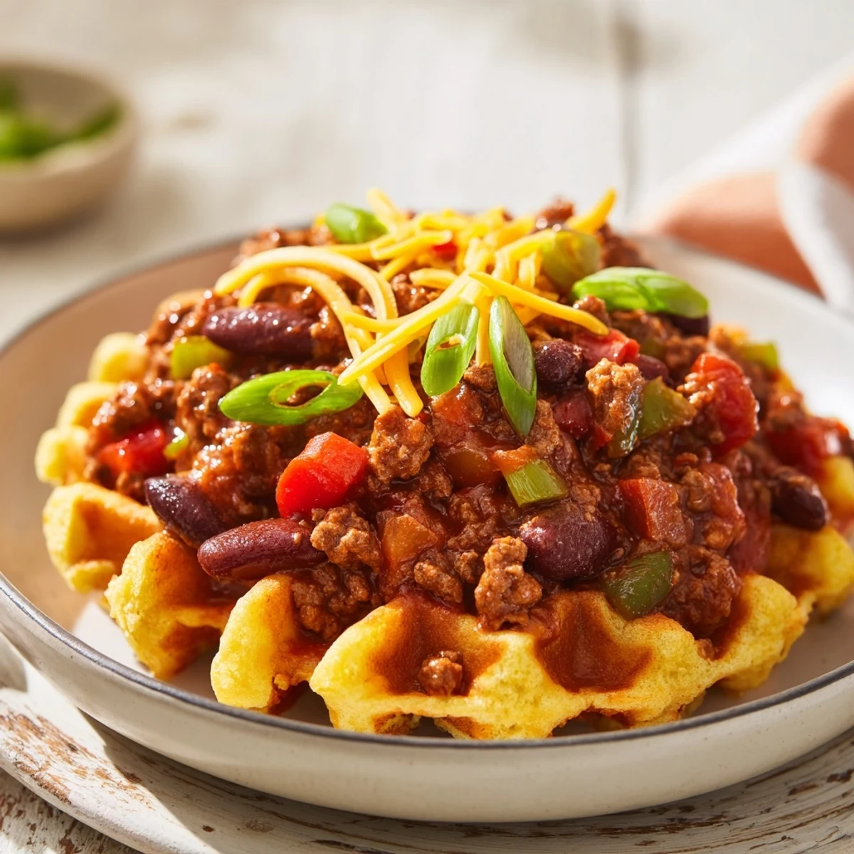 Golden cornbread waffles topped with steaming hot beef chili, loaded with beans and savory spices.