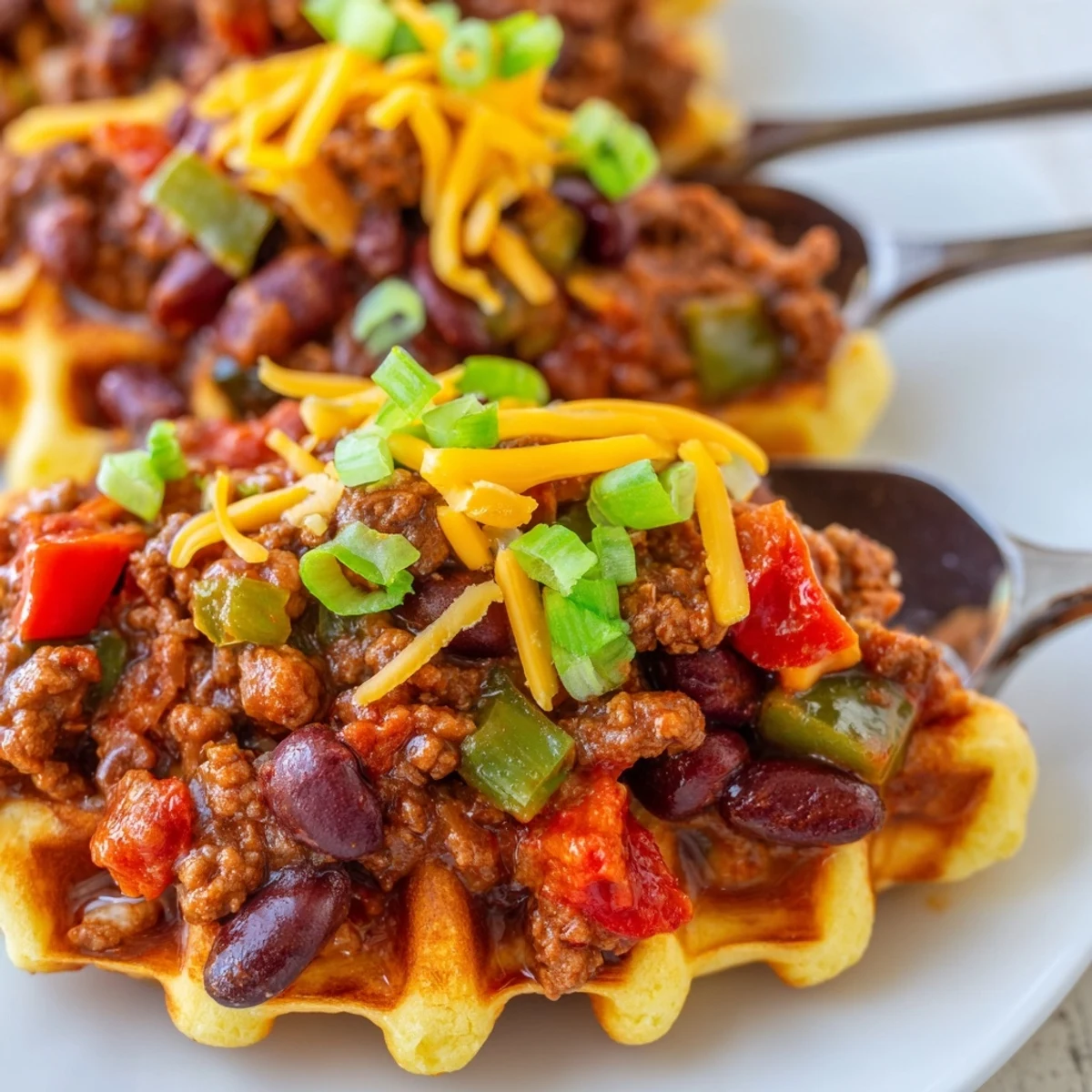 Hearty beef chili with beans and spices spooned over a crisp, golden cornbread waffle.